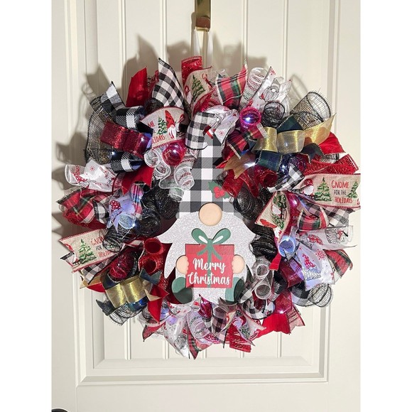 Handmade Merry Christmas Gnome Holiday Ribbon Door Wreath 22 ins W45 - Picture 11 of 12